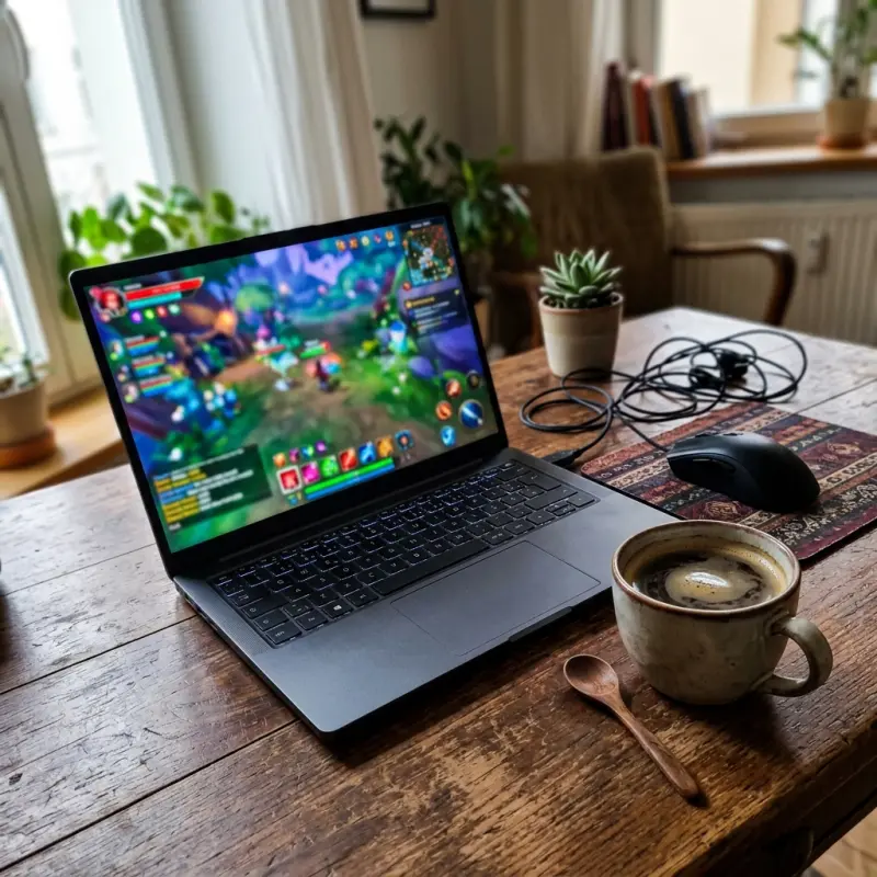 Vart uformelle arbeidsmiljo med en bærbar PC som viser spilldesign ved siden av en kaffekopp