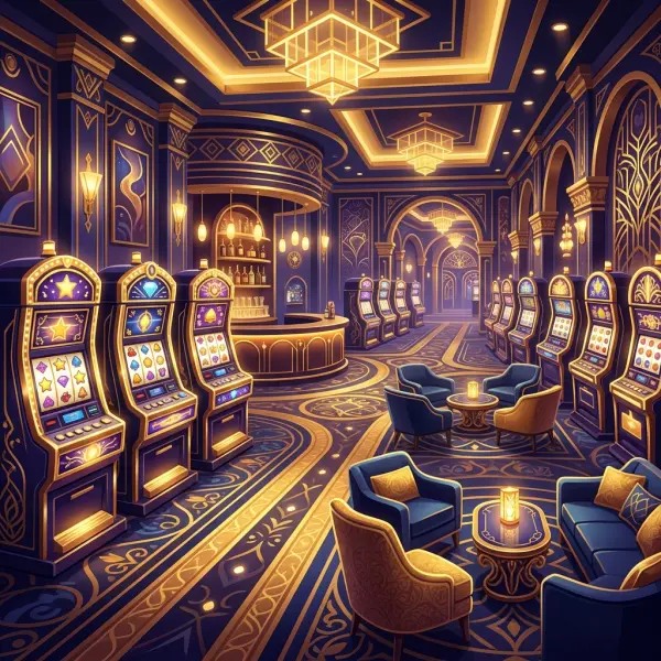 Interior i en luksus virtuell kasinolobby med glodende spilleautomater