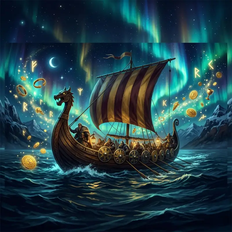 Viking-langskip som seiler under det gronne nordlyset med gullskatter