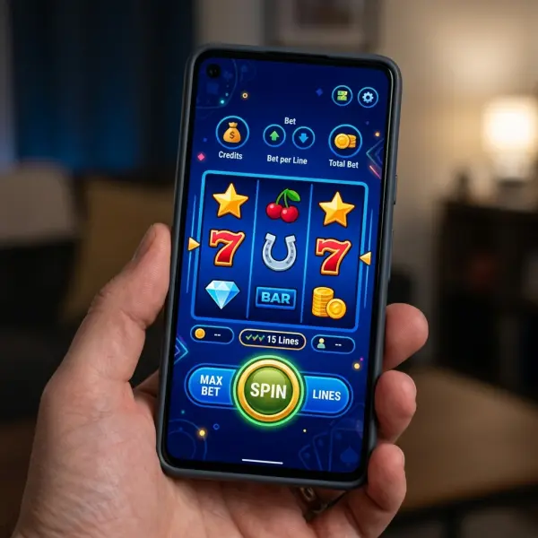 Moderne smarttelefon med et fargerikt gratis spilleautomatspill